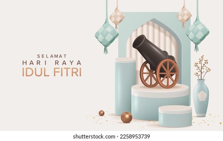 Translation : Happy Eid Mubarak Vector Illustration. 3D Realistic Cannon on Round Podium with Hanging Ketupat Design. 