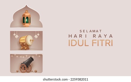 Translation : Happy Eid Mubarak Vector Illustration. 3D Realistic Lantern, Bedug and Cannon in Shelf Stand Frame.