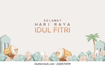 Translation : Happy Eid Mubarak Vector Illustration. 3D Realistic Eid Mubarak Design Banner with Colorful Ketupat And Bedug. 