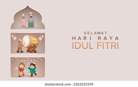 Translation : Happy Eid Mubarak Vector Illustration. Moslem Boys and Girl Celebrating Eid Al Fitr Happily Wearing Moslemwear. 