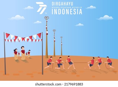 Translation : Happy Independence Day of Indonesia Vector Illustration with Traditional Games of Independence Day. Suitable for Template Poster Banner Design. HUT RI 77