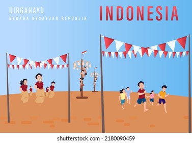 Translation : Happy Independence Day of Indonesia Vector Illustration with Traditional Games of Independence Day. Suitable for Template Poster Banner Design.