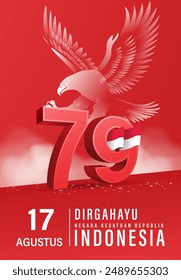 Happy Independence Day of Indonesia mit der 3D-Nummer 79 und Garuda hinter der Vektorillustration. Geeignet für Vorlage Poster Banner Design. HUT RI 79