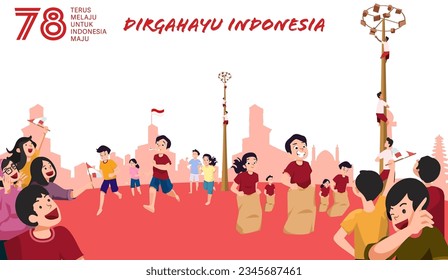 Traducción: Feliz Día de la Independencia de Indonesia. Juegos tradicionales de Indonesia durante la celebración del Día de la Independencia