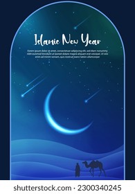 Translation: Happy Islamic New Yea .Islamic Greeting Card Concept with Arabic Lantern Design Vector Illustration. Happy New Hijri Year with Calligraphy  Template. Happy Muharram Poster.Ashura Day