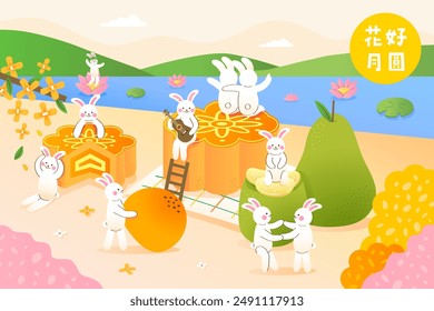 Translation - happy moon festival; Mid-Autumn Festival. Rabbits celebrate Mid Autumn Festival together in the garden