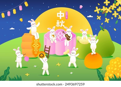 Traducción - festival de la luna feliz; Festival de mediados de otoño. Los conejos celebran juntos el Festival de la Luna