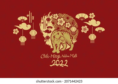 Translation: Happy New Year, 2022. Happy Vietnamese New Year Tet  or Tết Day 2022 year of the Tiger vector illustration. Suitable for greeting card, poster and banner. 