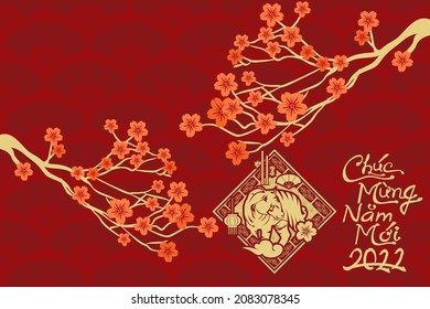 Translation: Happy New Year, 2022. Happy Vietnamese New Year Tet  or Tết Day 2022 year of the Tiger vector illustration. Suitable for greeting card, poster and banner. 