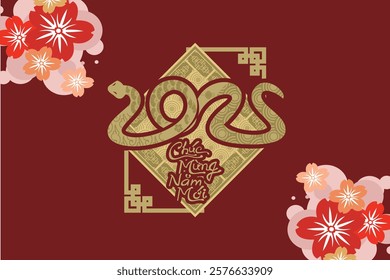 Translation: Happy New Year, 2025. Happy Vietnamese New Year Tet  or Tết Day 2025 year of the snake vector illustration. Suitable for greeting card, poster and banner. 