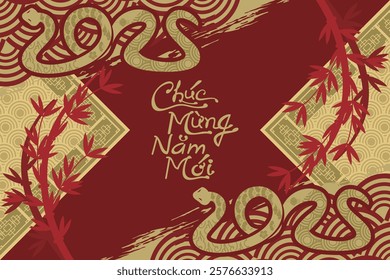 Translation: Happy New Year, 2025. Happy Vietnamese New Year Tet  or Tết Day 2025 year of the snake vector illustration. Suitable for greeting card, poster and banner. 