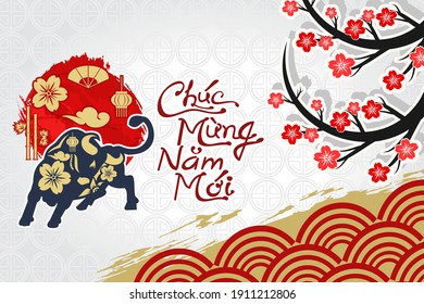 Translation: Happy New Year. Happy Vietnamese New Year Tet or Tết Day 2021 year of the Ox vector illustration. Suitable for greeting card, poster and banner. 