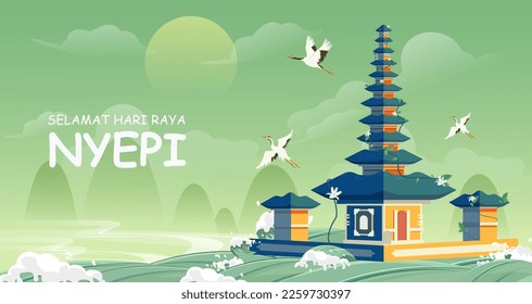 Translation : Happy Nyepi Day. Happy Bali's Day of Silence and Hindu New Year Vector Illustration, Nyepi Day and Hari Raya Saka, Hindu Ceremony