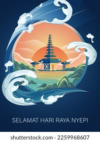 Übersetzung: Fröhlicher Nyepi-Tag. Happy Bali's Day of Silence and Hindu New Year Vector Illustration, Nyepi Day und Hari Raya Saka, Hindu Zeremonie