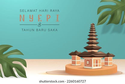 Translation : Happy Nyepi Day. Happy Bali's Day of Silence and Hindu New Year Vector Illustration, Nyepi Day and Hari Raya Saka, Hindu Ceremony