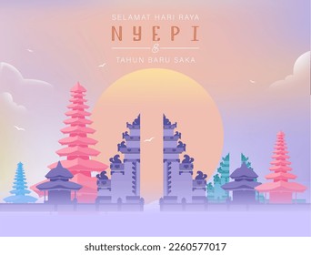 Translation : Happy Nyepi Day. Happy Bali's Day of Silence and Hindu New Year Vector Illustration, Nyepi Day and Hari Raya Saka, Hindu Ceremony