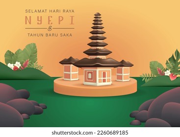 Translation : Happy Nyepi Day. Happy Bali's Day of Silence and Hindu New Year Vector Illustration, Nyepi Day and Hari Raya Saka, Hindu Ceremony