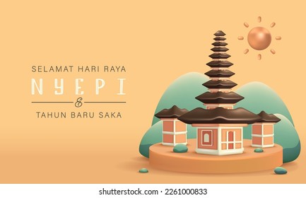 Traducción: Feliz Día de Nyepina. Feliz Día de Silencio de Bali e Ilustración de vectores de Año Nuevo hindú, NyepDay y Hari Raya Saka, ceremonia hindú