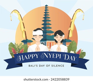 Translation : Happy Nyepi Day. Happy Bali's Day of Silence and Hindu New Year Vector Illustration, Nyepi Day and Hari Raya Saka, Hindu Ceremony