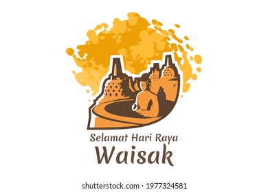 Translation: Happy Vesak day. Vesak or Waisak day vector illustration. Suitable for greeting card, poster and banner 