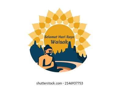 Translation: Happy Vesak day. Vesak or Waisak day vector illustration. Suitable for greeting card, poster and banner 