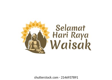 Translation: Happy Vesak day. Vesak or Waisak day vector illustration. Suitable for greeting card, poster and banner 
