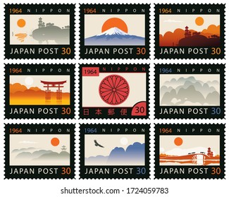 Translation of hieroglyphs: "Japan Post". Set of vector postage stamps in retro style on the theme of Japanese culture. Decorative Japanese landscapes