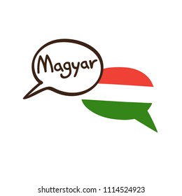 Translation: Hungarian. Vector illustration of hand drawn doodle speech bubbles with a national flag of Hungary and hand written name of language. Linguistic course or translation agency design