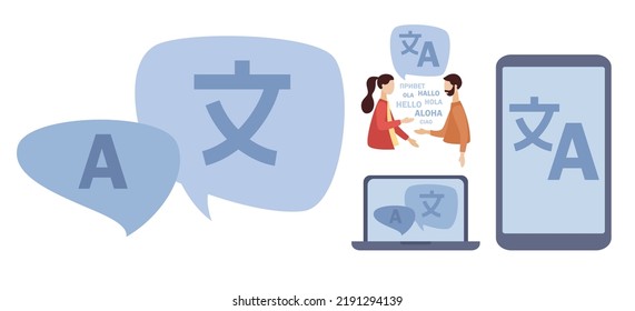 Translation icon set. Chat bubbles with language translation. Online translator in smartphone app or laptop. People multilanguage comunication. Linguist. Vector flat illustration 