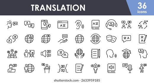 Translation icon set. Translation, communication, learning new language. Oral and written, computer translation, writing, speaking, dictionary, text, globe, conversation. Vector