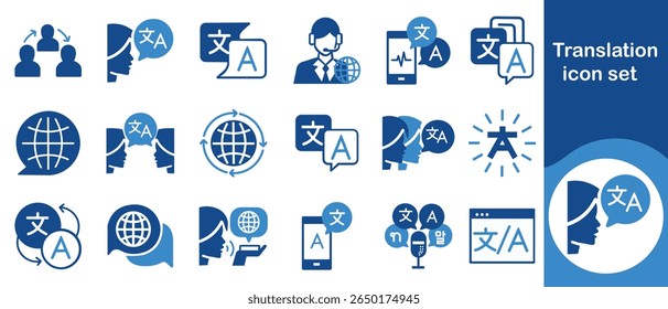Conjunto de ícones de tradução, hieróglifo, computador, falando, professor, vocabulário, habilidades, escrita, livro de texto, aplicativo, telefone, microfone, chinês, sinal, diálogo, inglês, falar, microfone e muito mais