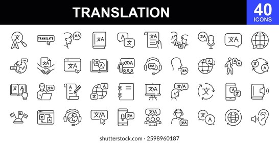 Translation icon set. Included the icons as translate, translator, language, bilingual, dictionary, communication and more. Linguistics concept. Set of line icons. Vector illustration