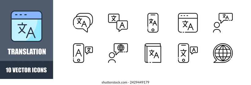 Translation icon set. Language design. Linear style. Vector icons