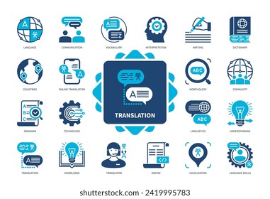 Symbol-Set für Übersetzung. Sprachkenntnisse, Lokalisierung, Kommunikation, Online-Übersetzung, Dolmetschen, Wissen, Grammatik, Wörterbuch. Duotone-Farbsymbole