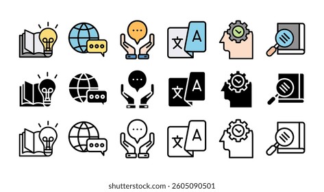 TRANSLATION icon set with multiple style dictionary, interpretation, translator, communication, language, and knowledge 