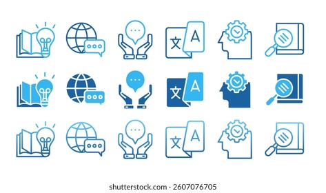 TRANSLATION icon set with multiple style dictionary, interpretation, translator, communication, language, and knowledge