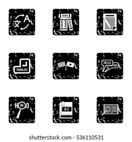 Translation icons set. Grunge illustration of 9 translation vector icons for web