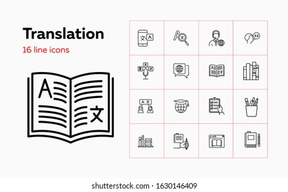 Translation icons. Set of line icons. Dictionary, online translator, language. Linguistics concept. Vector illustration can be used for topics like education, communication, applications