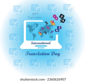 Ilustración de traducción en portátil para la ilustración vectorial del "Día Internacional de la Traducción". Diseño sencillo y elegante. 