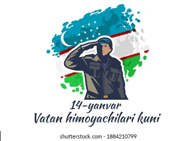 Translation: January 14 is Day of Defenders of the Motherland. Happy Uzbek Army Day vector illustration. Suitable for greeting card, poster and banner.