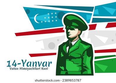 Translation: January 14 is Day of Defenders of the Motherland. Happy Uzbek Army Day vector illustration. Suitable for greeting card, poster and banner.