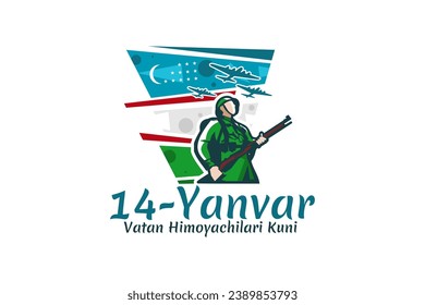 Translation: January 14 is Day of Defenders of the Motherland. Happy Uzbek Army Day vector illustration. Suitable for greeting card, poster and banner.