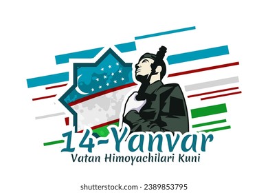 Traducción: El 14 de enero es el Día de los Defensores de la Patria. Feliz Día del Ejército Uzbeko como ilustración vectorial. Adecuado para tarjetas de felicitación, afiches y banner.