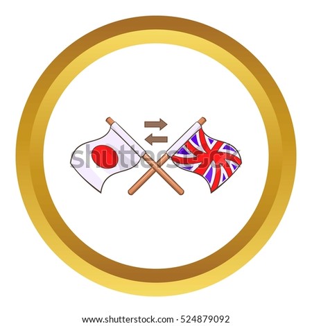 Translation from japanese to english vector icon in golden circle, cartoon style isolated on white background