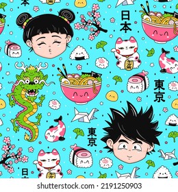 Translation from japanese: Japan,Tokio.Cute funny Anime Japan style seamless pattern. Vector hand drawn cartoon kawaii character illustration icon. Cute kawaii anime,manga seamless pattern concept art