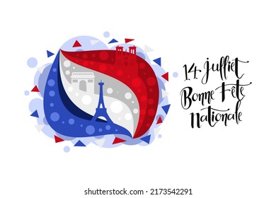 Translation: July 14, Happy National Day. Happy Bastille Day vector illustration. Suitable for greeting card, poster and banner.