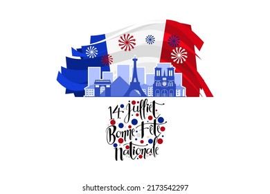 Translation: July 14, Happy National Day. Happy Bastille Day vector illustration. Suitable for greeting card, poster and banner.