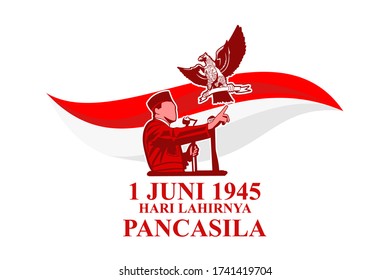 Translation: June 1, 1945. The day of birth of Pancasila (1 Juni, Hari Lahirnya Pancasila) vector illustration. Suitable for greeting card, poster and banner. 