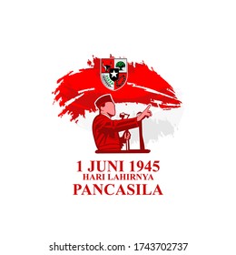 Translation: June 1, 1945. The day of birth of Pancasila (1 Juni, Hari Lahirnya Pancasila) vector illustration. Suitable for greeting card, poster and banner. 