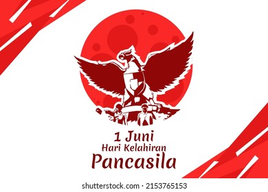 Translation: June 1, Happy birthday Pancasila (1 Juni, selamat hari lahir Pancasila) vector illustration. Suitable for greeting card, poster and banner. 
